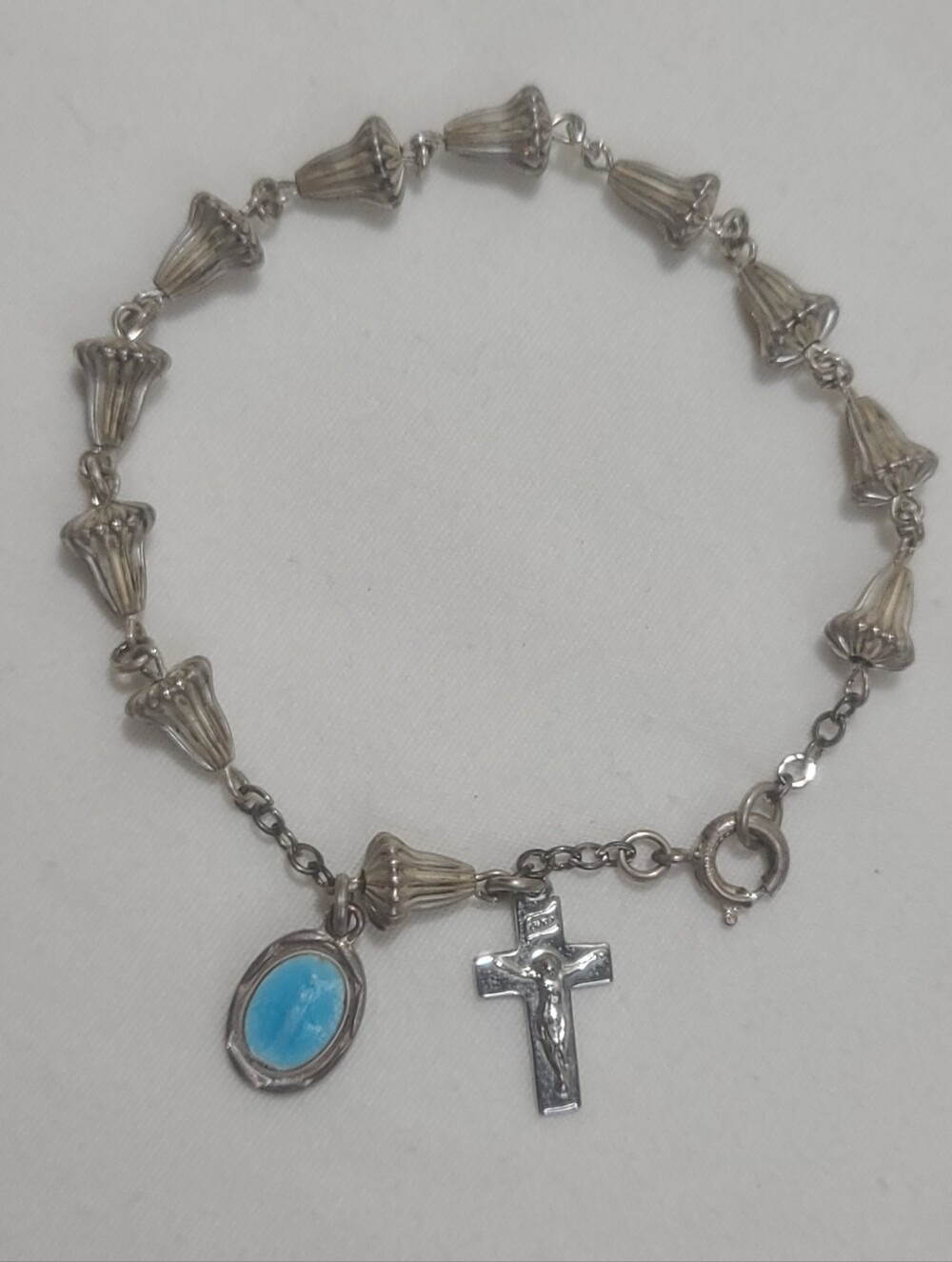 Sterling Silver Rosary-Style Bracelet with Blue Oval Medal